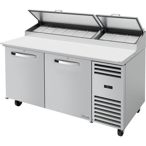 True Manufacturing TPP-AT-67-HC~SPEC3 67" Spec Series Pizza Prep Table with Angled Top and Hydrocarbon Refrigerant