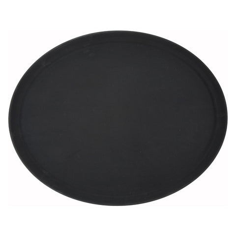 Winco TRH-2722K 27 x 22 Oval Rubber-Lined Black Plastic Serving Tray