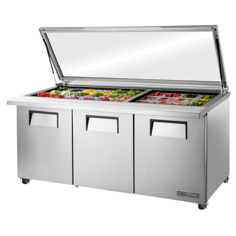 True Manufacturing TSSU-72-30M-B-ST-FGLID-HC 72" 3-Door Mega Top Sandwich/Salad Prep Table with Flat Glass Lid