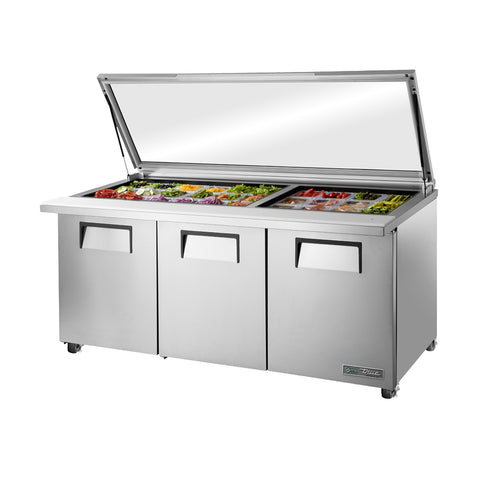 True Manufacturing TSSU-72-30M-B-ST-FGLID-HC 72" 3-Door Mega Top Sandwich/Salad Prep Table with Flat Glass Lid