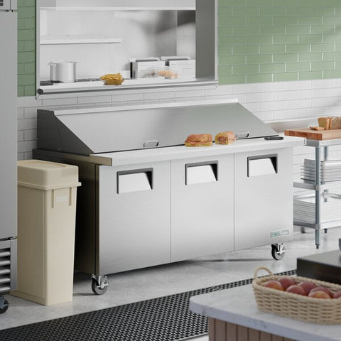 True Manufacturing TSSU-72-30M-B-ST-HC 72 3/8" 3-Door Mega-Top Refrigerated Sandwich/Salad Prep Table