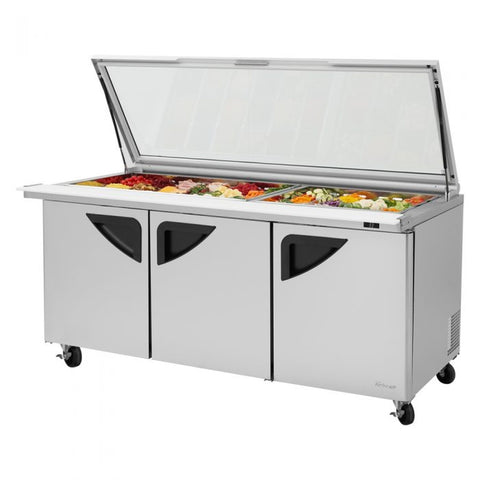 Turbo Air TST-72SD-30-N-GL 72" 3-Door Mega Top Refrigerated Sandwich/Salad Prep Table with Glass Lids