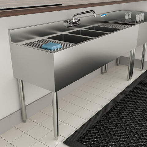 BK Resources UB4-18-360TS 60" Slim-Line 3-Compartment Underbar Sink with Two Drainboards and Faucet