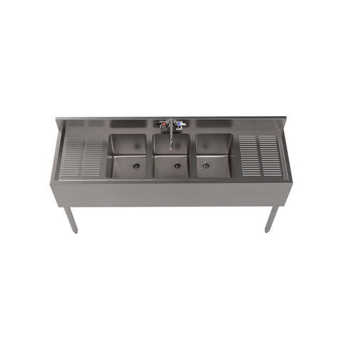 BK Resources UB4-18-360TS 60" Slim-Line 3-Compartment Underbar Sink with Two Drainboards and Faucet