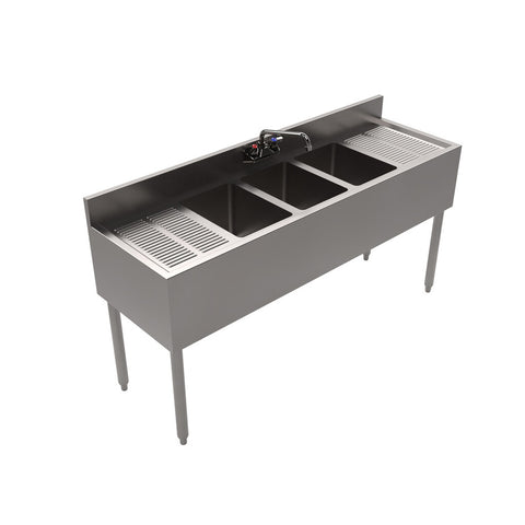 BK Resources UB4-18-360TS 60" Slim-Line 3-Compartment Underbar Sink with Two Drainboards and Faucet