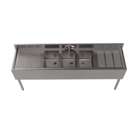 BK Resources UB4-18-372TS 72" Three-Compartment Slim-Line Underbar Sink with Two Drainboards and Faucet