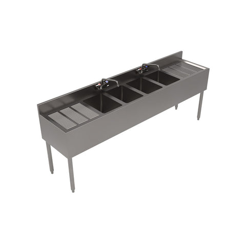 BK Resources UB4-18-484TS 84" Four-Compartment Underbar Sink with Two Drainboards and Workforce Faucets