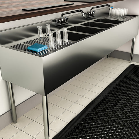 BK Resources UB4-18-484TS 84" Four-Compartment Underbar Sink with Two Drainboards and Workforce Faucets