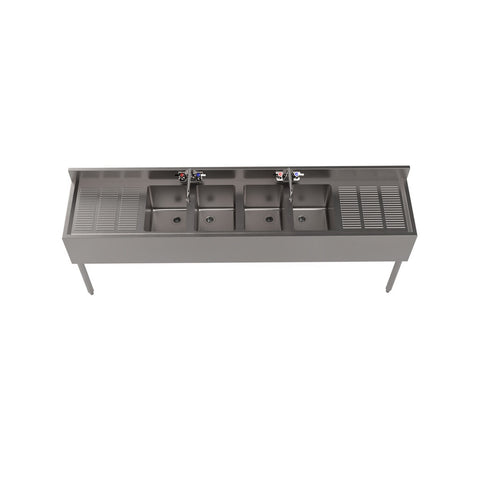 BK Resources UB4-18-484TS 84" Four-Compartment Underbar Sink with Two Drainboards and Workforce Faucets
