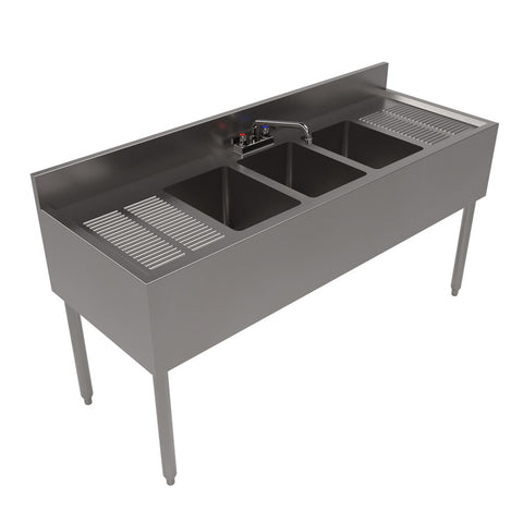 BK Resources UB4-21-360TS 60" Three Compartment Underbar Sink with Two Drainboards and Workforce Faucet