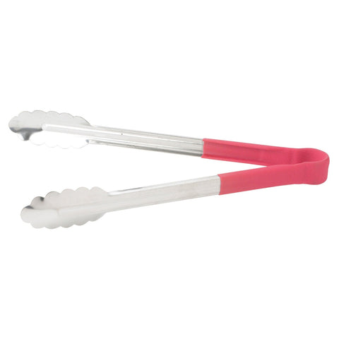 Winco UTPH-12R 12" Heavy-Duty Stainless Steel Utility Tongs with Red Polypropylene Handle