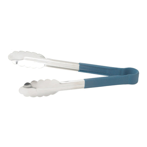Winco UTPH-9B 9" Stainless Steel Utility Tongs with Blue Polypropylene Handle