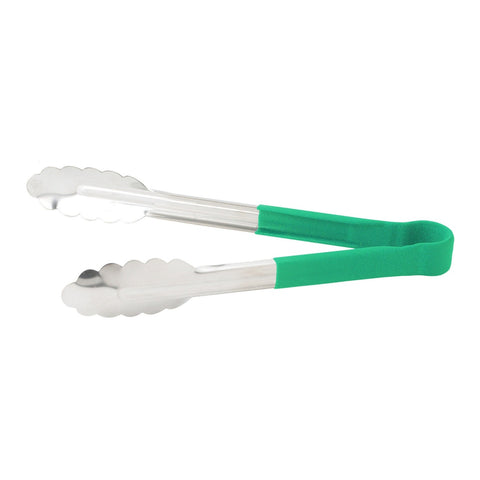 Winco UTPH-9G 9" Heavy-Duty Stainless Steel Utility Tongs with Green Polypropylene Handle