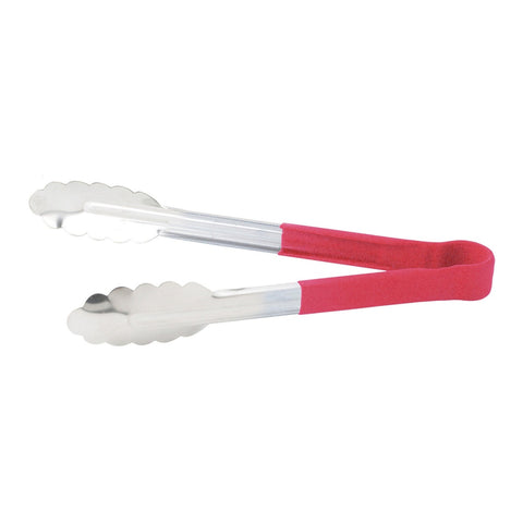 Winco UTPH-9R 9" Heat Resistant Stainless Steel Utility Tongs with Red Polypropylene Handle
