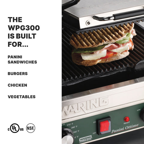 Waring WPG300 Double Ribbed Panini Grill, 17 in x 9.5 in Cooking Surface (240V)