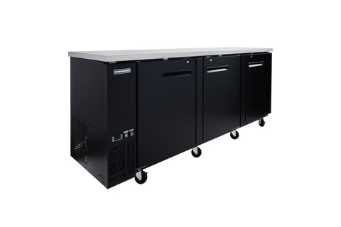 Enhanced Refrigeration EBB-4F-HC Enhanced 90" Refrigerated Back Bar Cooler, 3-Door, Black Exterior with Stainless Steel Top