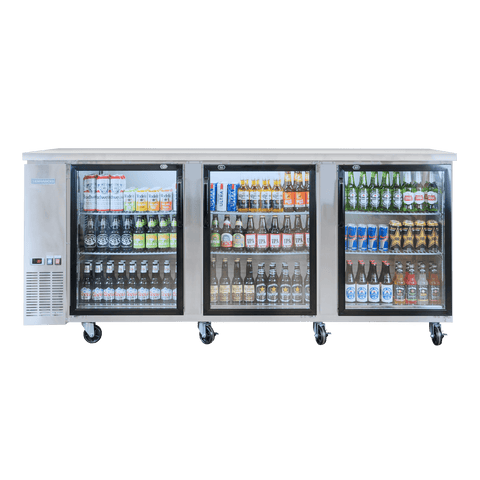 EBB-4G-SS-HC 90" W x 27" D refrigerated back bar cooler with stainless steel exterior, three glass doors-Enhanced Refrigeration