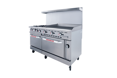 Enhanced Gas Equipment ER-4-G36 Enhanced 60" Commercial Gas Range - 4 Burners, 36" Griddle, 1 Standard Oven & 1 Small Oven