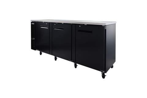 Enhanced Refrigeration EBB-4F-HC Enhanced 90" Refrigerated Back Bar Cooler, 3-Door, Black Exterior with Stainless Steel Top