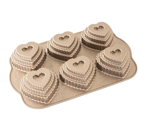 Nordic Ware 90937 Tiered Heart Cakelet Pan, 6-Cavity 3-Cup Cast Aluminum Bakeware
