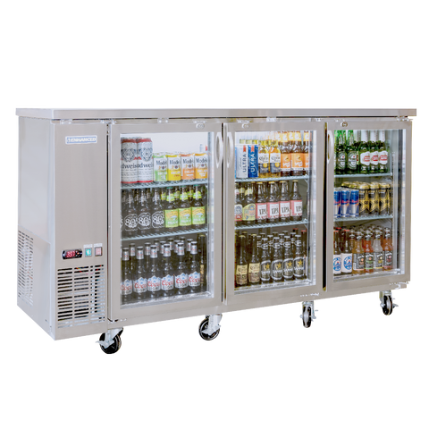 EBB-24-72GSS-HC Enhanced Back Bar Cooler 72" W x 24" D , Stainless Steel exterior, 3-Glass doors