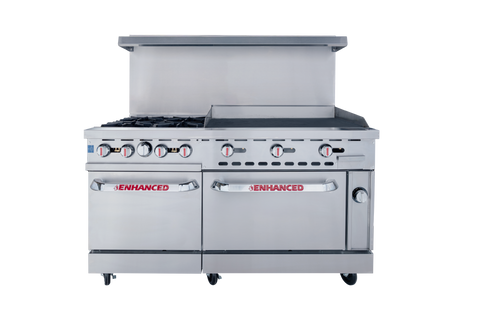 Enhanced Gas Equipment ER-4-G36 Enhanced 60" Commercial Gas Range - 4 Burners, 36" Griddle, 1 Standard Oven & 1 Small Oven