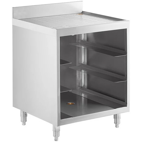 E-GRSU-2324-CT Enhanced Glass rack storeage unit 23"x24"x30"H with 3" backsplash, 1"x4" glass slides, open front, SS legs