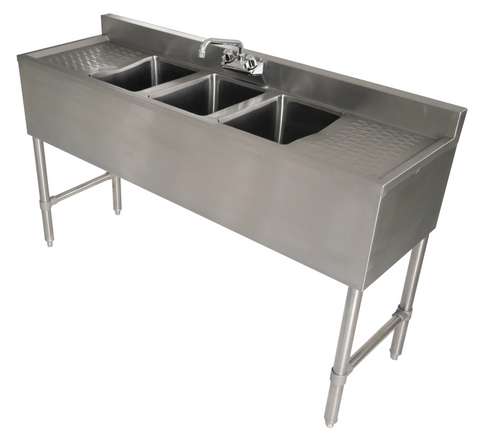 E-BAR3B60-LR Enhanced 60" Bar Sink with 3" Backsplash, 3 Tubs, Right/Left Drainboards-Enhanced SS & Equipment