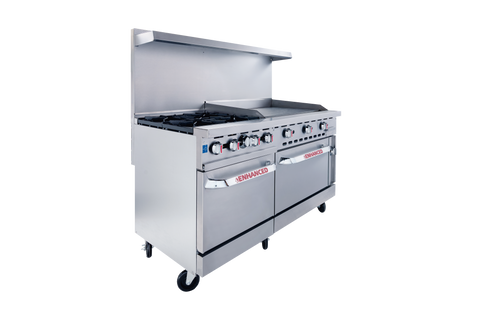 Enhanced Gas Equipment ER-4-G36 Enhanced 60" Commercial Gas Range - 4 Burners, 36" Griddle, 1 Standard Oven & 1 Small Oven