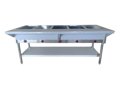 NH-5-NAT-SS Enhanced Steam table 5-open wells, NAT Gas, aluminum corners on undershelf