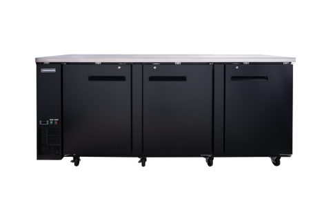 Enhanced Refrigeration EBB-4F-HC Enhanced 90" Refrigerated Back Bar Cooler, 3-Door, Black Exterior with Stainless Steel Top