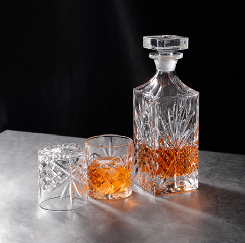 Enhanced Glassware C-05084FG/BHA Enhanced 30 oz. Glass Decanter Set with 6 Rocks Glasses
