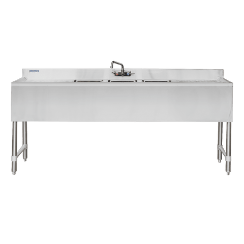 E-BAR3B72-LR Enhanced Bar sink 18-1/2"x72"x30"H, 3" backsplash, 3-bowl, 19" left and right drainboards, SS legs, H shaped leg brace