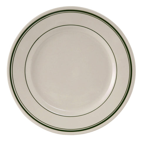 TGB-016 Tuxton Green Bay 10-1/2" Eggshell Wide Rim Rolled Edge China Plate w/ Green Bands-Tuxton China