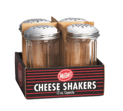 Tablecraft C800-4 12 oz. Fluted Glass Cheese Shaker with Stainless Steel Perforated Top, 4-Pack