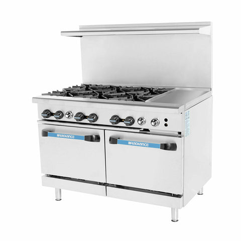 Turbo Air TARG-6B12G Radiance 48 inch Gas Restaurant Range with 6 Open Burners, 12 inch Right Griddle and Double Standard Ovens