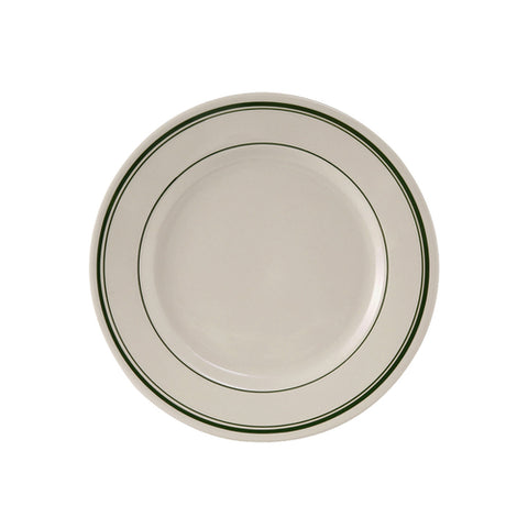 TGB-006 Tuxton Green Bay 6-5/8" Eggshell Wide Rim Rolled Edge China Plate w/ Green Bands