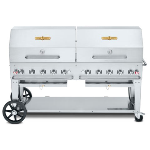 Crown Verity CV-MCB-72RDP-NG Mobile Outdoor Natural Gas Charbroiler Grill w/ Water Pan & 2 Roll Dome Lids