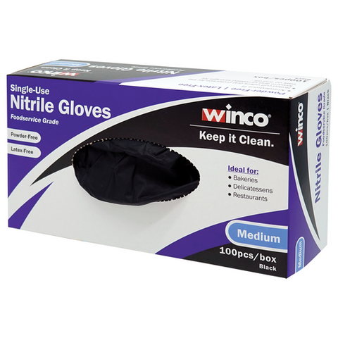 Winco GLN-LB Disposable Nitrile Gloves, Black, Large, Powder-Free, 100/Box
