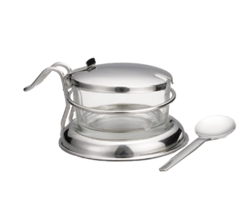 Tablecraft 357 - 6 oz. Glass Condiment Jar with Holder, Lid and Spoon
