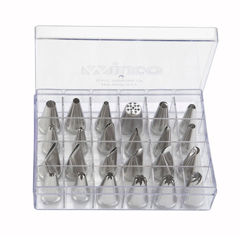 Winco CDT-24 Cake Decorating Set, 24-Piece 18/8 Stainless Steel Piping Tips with Storage Box