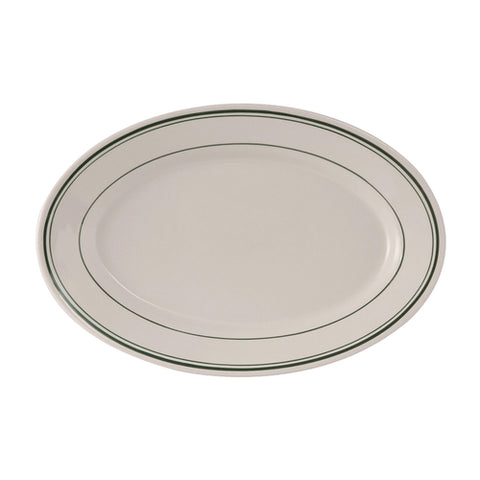 Tuxton China TGB-034 Green Bay 9-3/8" x 6-1/2" Oval China Platter - American White/Eggshell with Green Bands