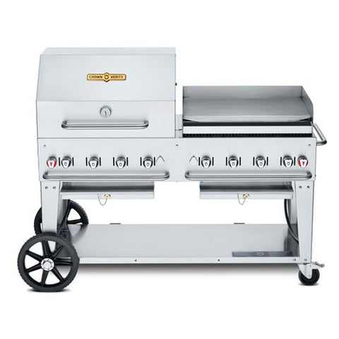 CV-MCB-60-SI50/100-RGP Crown Verity 60" Mobile Outdoor Charbroiler Includes Roll Dome, Pro Griddle, LP