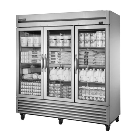 True TS-72G-HC~FGD01 3-Section Reach-In Glass Door Stainless Steel Refrigerator