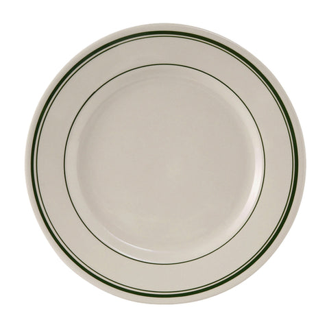 TGB-009 Tuxton Green Bay 9-5/8" Eggshell Wide Rim Rolled Edge China Plate w/ Green Bands