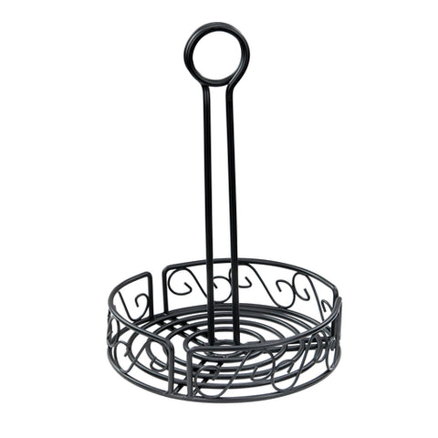 Winco WBKH-7R 7-1/2" Round Black Steel Wire Condiment Caddy with 9" Handle