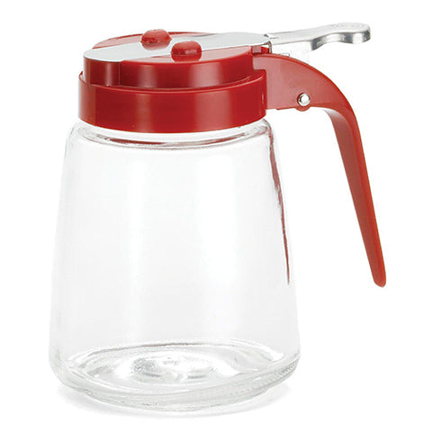 TableCraft 1371RE 12 oz. Glass Syrup Dispenser with Red ABS Top