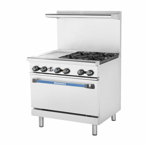 Turbo Air TARG-12G4B Radiance 36 Inch 4-Burner Gas Range with 12 Inch Left Griddle and Standard Oven