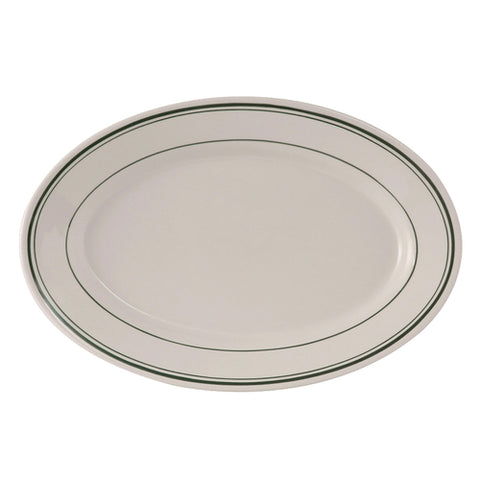 TGB-012 Tuxton Green Bay 10-1/2" x 7-3/8" Eggshell Wide Rim Oval China Platter w/ Green Bands