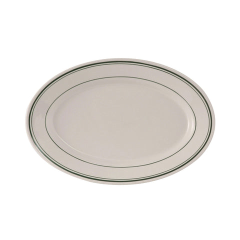 TGB-014 Tuxton Green Bay 12-5/8" x 8-3/4" Eggshell Wide Rim Oval China Platter w/ Green Bands